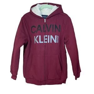 Calvin Klein Jeans Logo Kids Front Zip Hooded Sweatshirt in Burgundy L 14/16 NWT